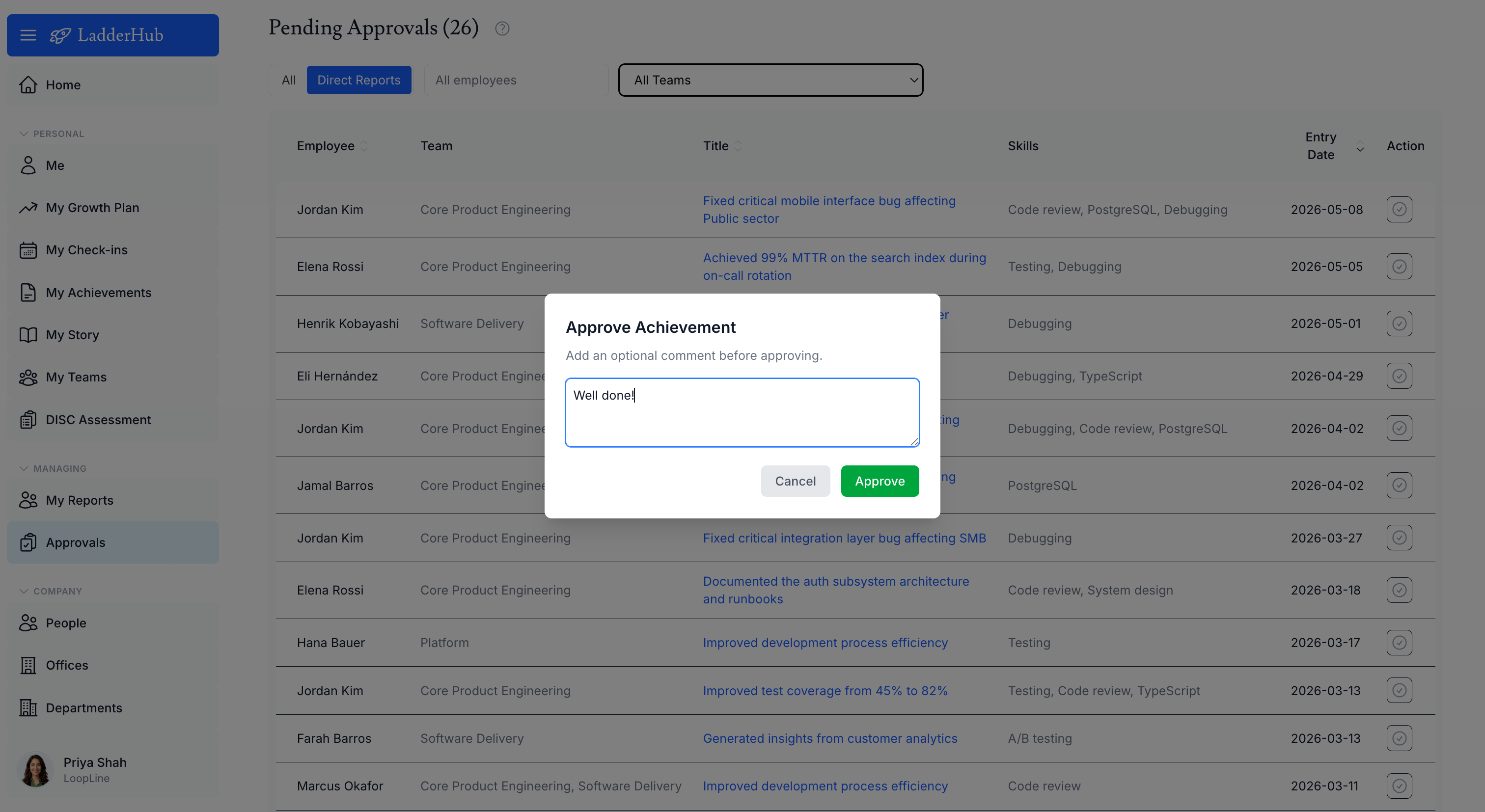 Approving a report's achievement from the inbox